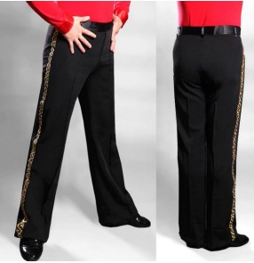 Adult kids boys Black  with embroidery Gold pattern rhinestones  with down side long length men's male international competition performance professional show play waltz tango chacha jive rhythm flamenco latin ballroom waltz  tango dance pants trousers